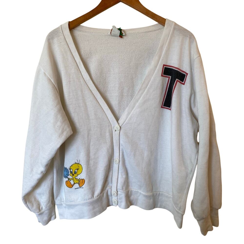 B.J. Frog Long Sleeve Looney Tunes Cotton Cardigan Sweater Cream Women's Size 42
